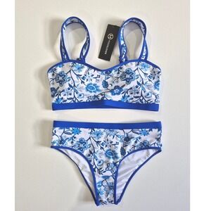 Mooslover Floral Bikini Set Blue White High Waist Swimsuit NWT Size Medium